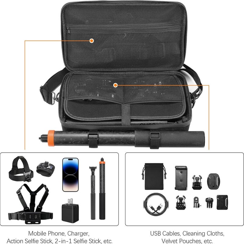 AMAZEAR Carrying Case for DJI Osmo 360 Accessories, Portable Nylon Osmo360 Action Camera Travel Bag with Shoulder Strap Fit 2.5M 8.2ft Selfie Stick (Black) - Image 3